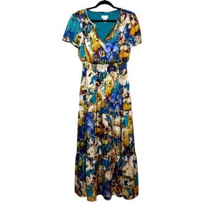 Nicole Miller Coastal Watercolor Floral Maxi Dress Womens Size M Artsy Painterly